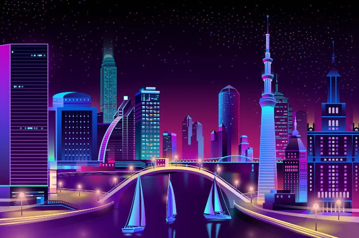 未来科技科幻霓虹灯渐变绚丽城市建筑夜景灯光插画AI/PSD设计素材100套【047】